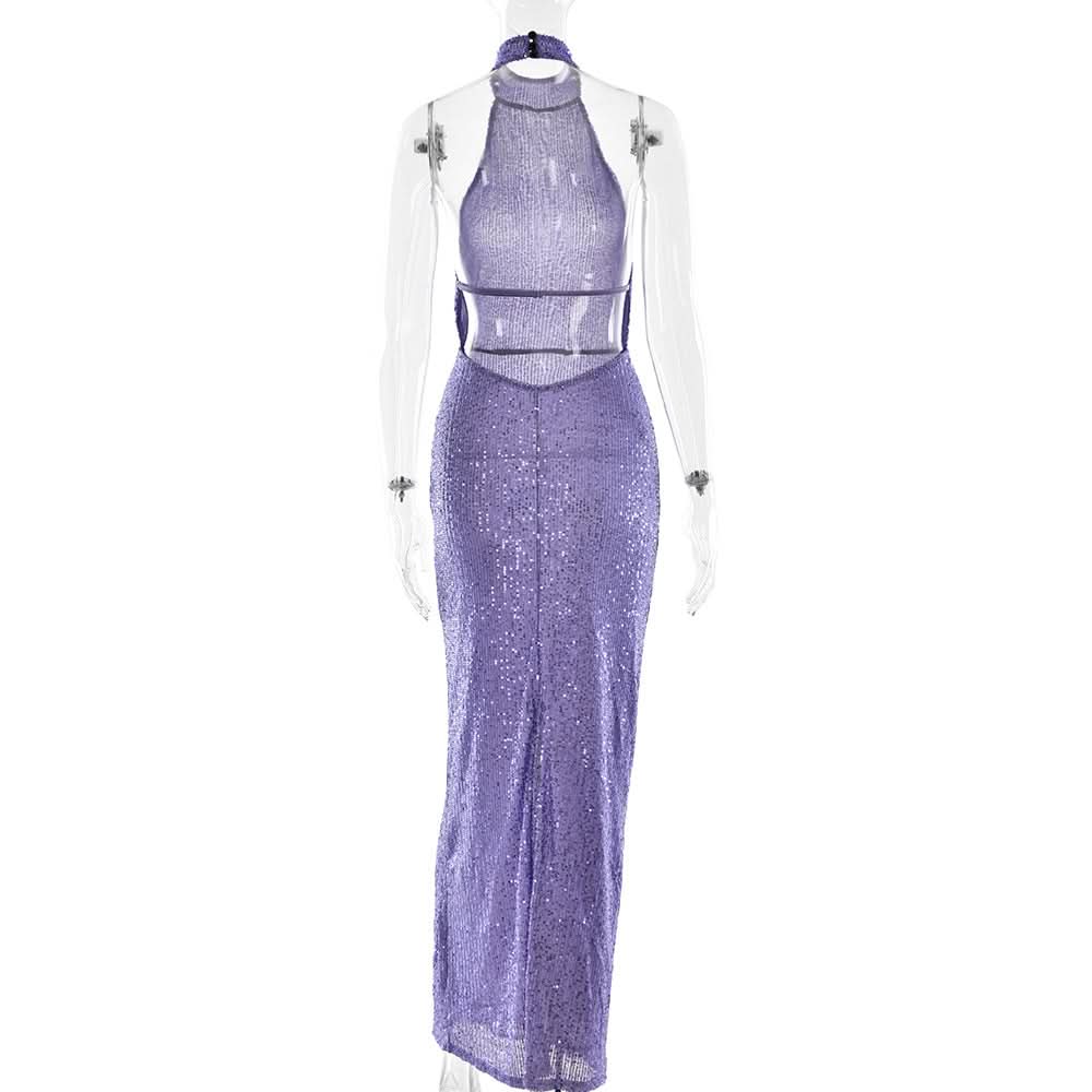 Glitter backless halter slit maxi dress  | Festival Outfits Women