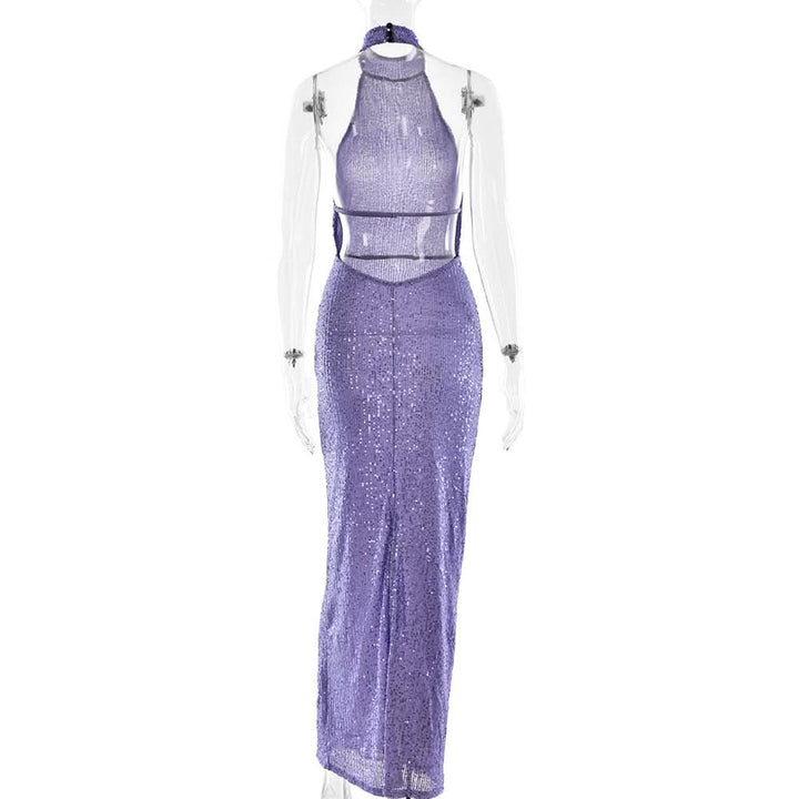 Glitter backless halter slit maxi dress  | Festival Outfits Women
