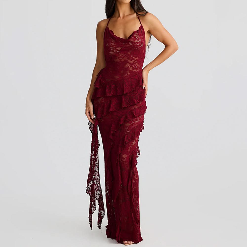Halter lace ruffle backless maxi dress  | Festival Outfits Women
