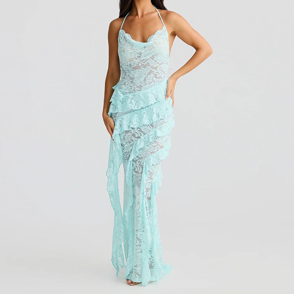 Halter lace ruffle backless maxi dress  | Festival Outfits Women