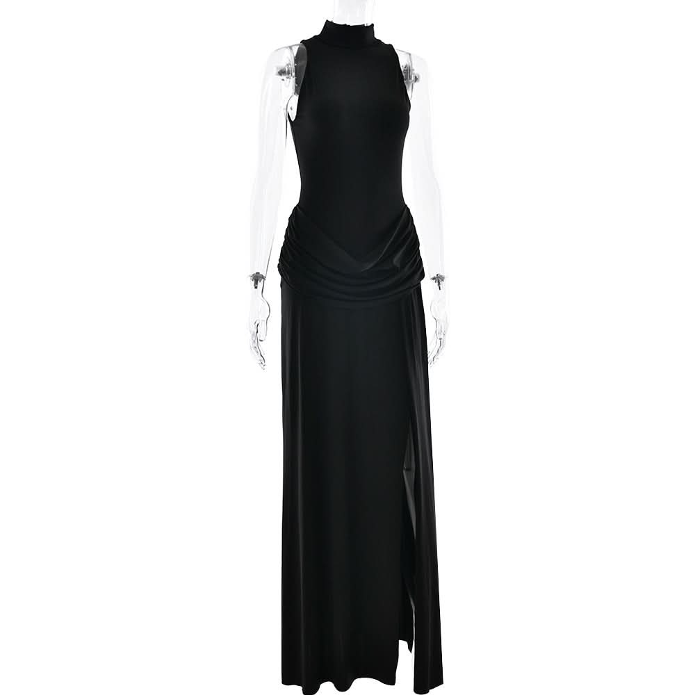 Sleeve zip-up high slit ruched maxi dress  | Festival Outfits Women