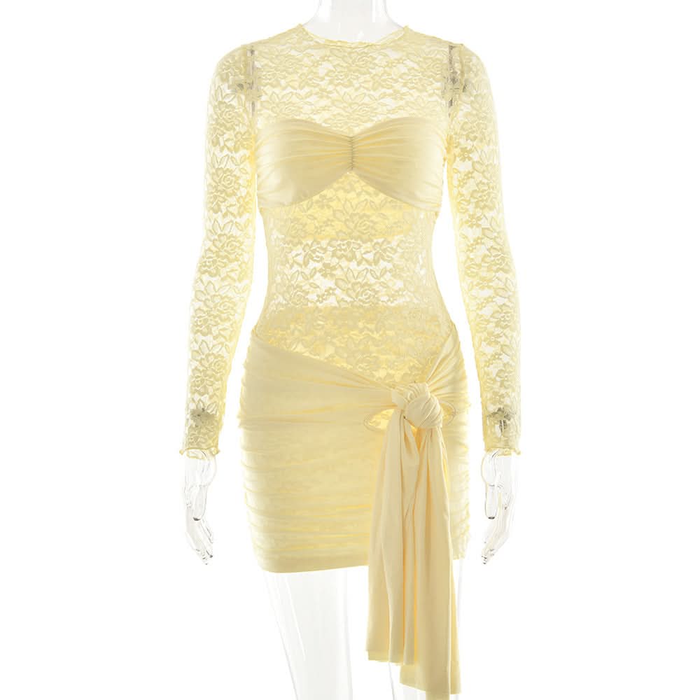 Long sleeve ruched lace knotted mini dress  | Festival Outfits Women