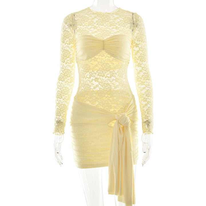 Long sleeve ruched lace knotted mini dress  | Festival Outfits Women