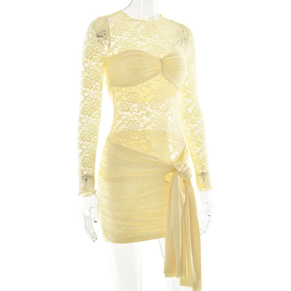 Long sleeve ruched lace knotted mini dress  | Festival Outfits Women