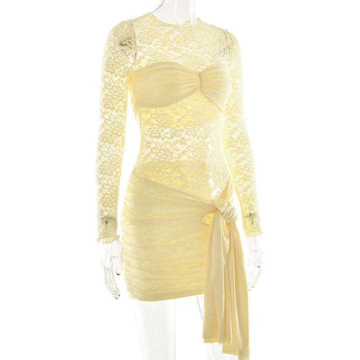 Long sleeve ruched lace knotted mini dress  | Festival Outfits Women