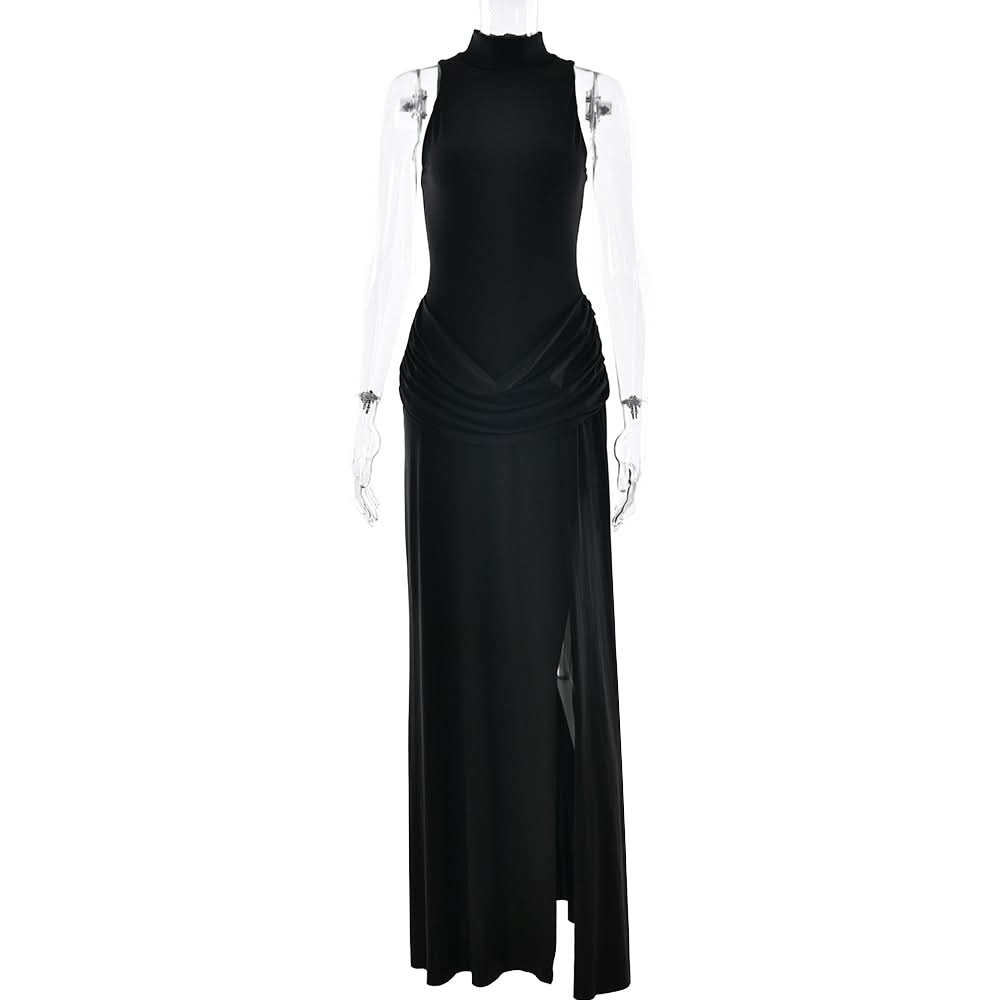 Sleeve zip-up high slit ruched maxi dress  | Festival Outfits Women