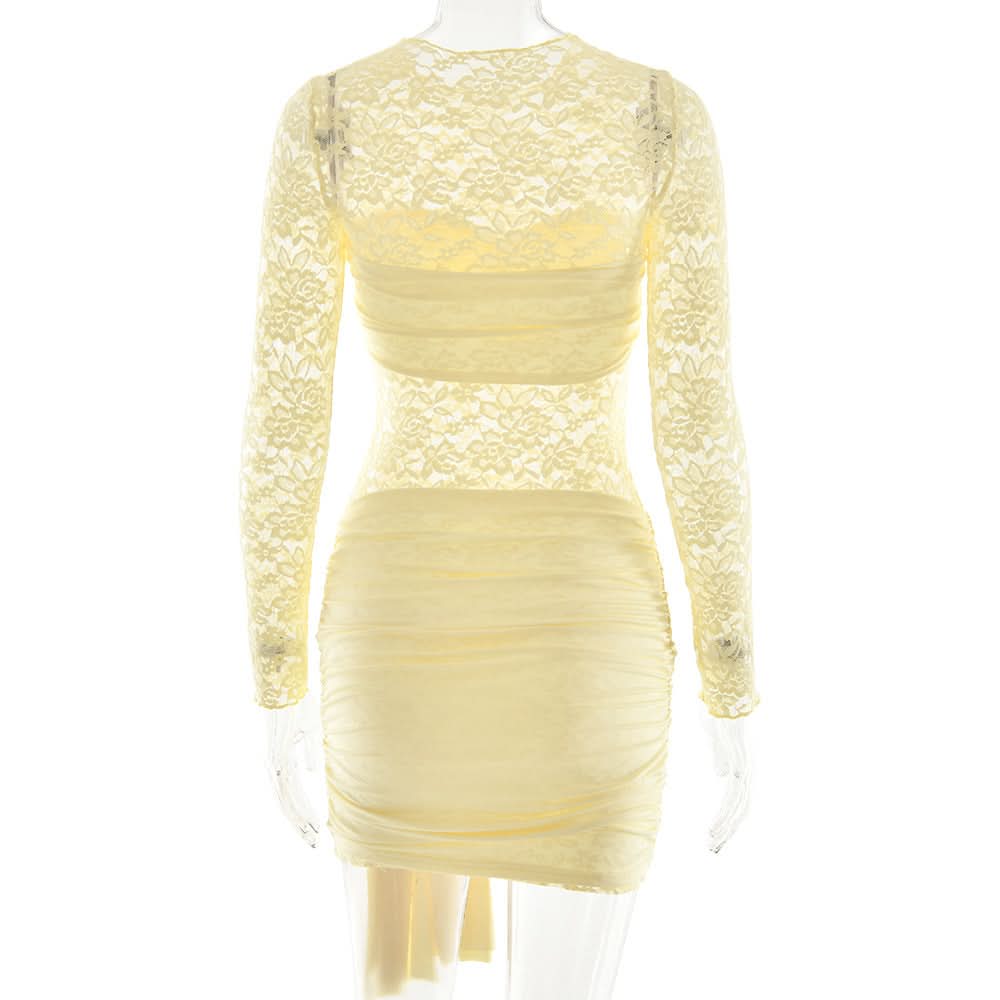 Long sleeve ruched lace knotted mini dress  | Festival Outfits Women