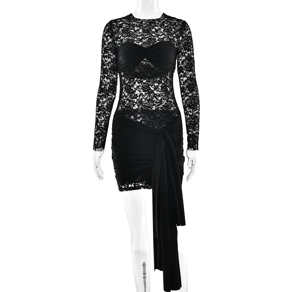 Long sleeve ruched lace knotted mini dress  | Festival Outfits Women