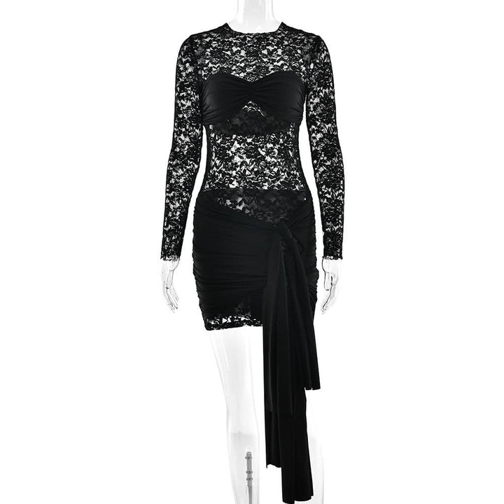 Long sleeve ruched lace knotted mini dress  | Festival Outfits Women