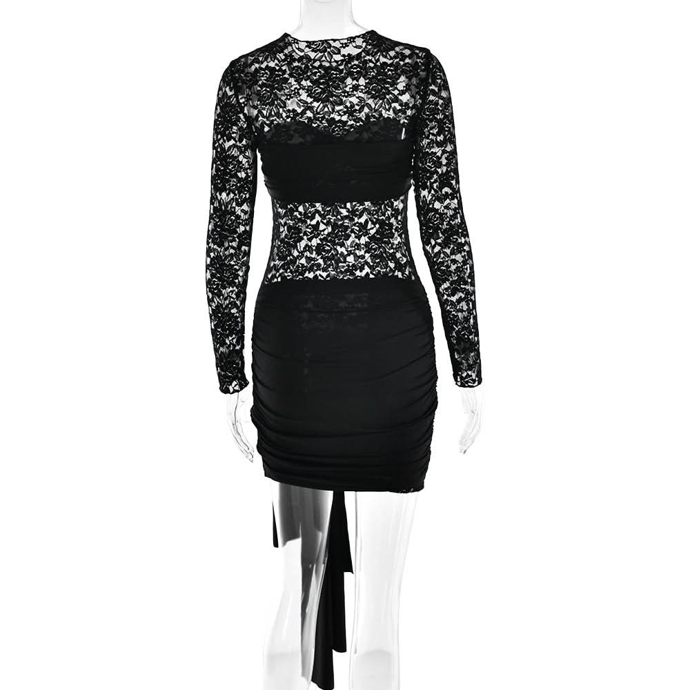 Long sleeve ruched lace knotted mini dress  | Festival Outfits Women