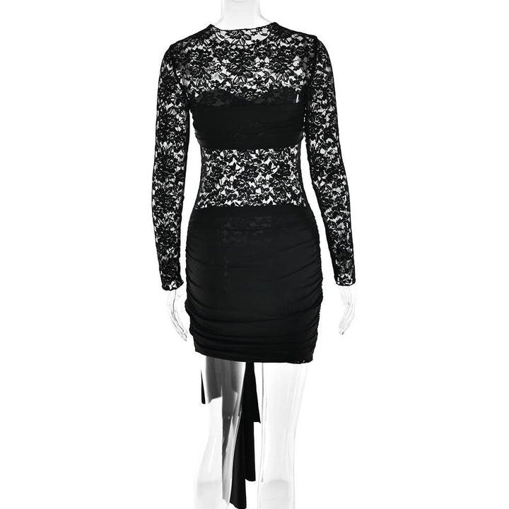 Long sleeve ruched lace knotted mini dress  | Festival Outfits Women
