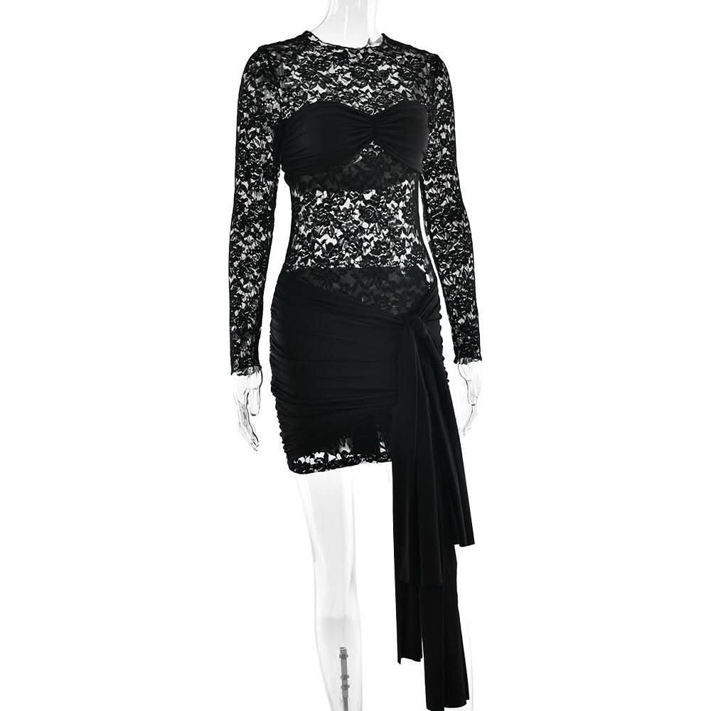 Long sleeve ruched lace knotted mini dress  | Festival Outfits Women