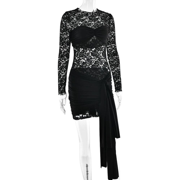 Long sleeve ruched lace knotted mini dress  | Festival Outfits Women