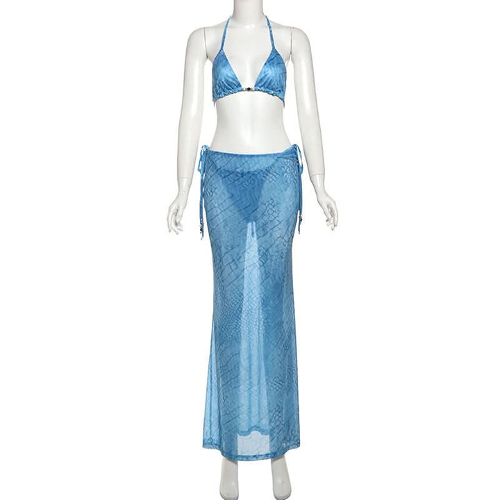 V neck self tie halter print maxi skirt set  | Festival Outfits Women