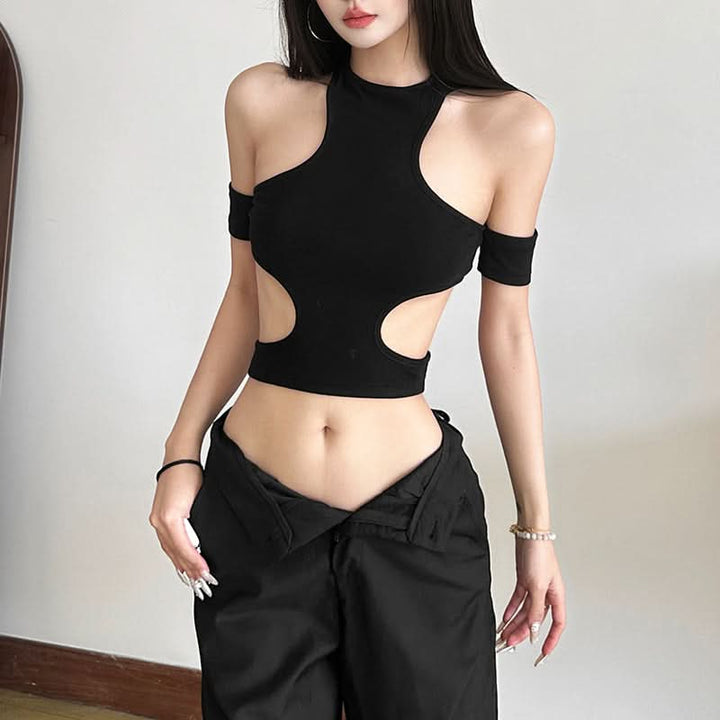 Hollow out solid off shoulder crop cut out top-final-sale