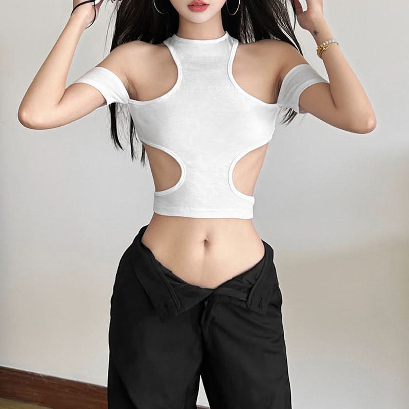 Hollow out solid off shoulder crop cut out top-final-sale