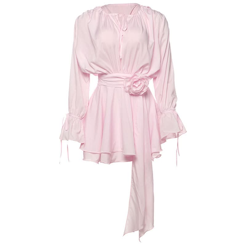 Long flared sleeve flower applique ruched ruffle mini dress  | Festival Outfits Women