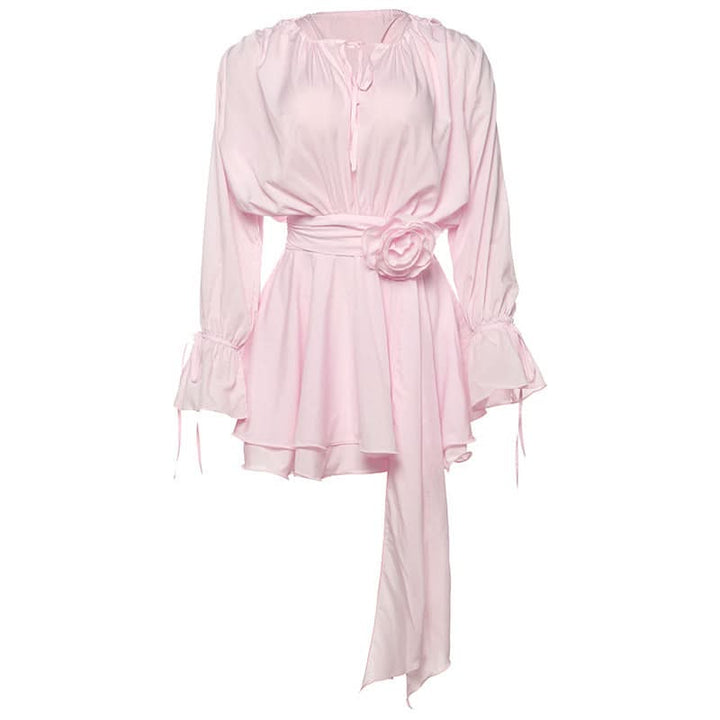 Long flared sleeve flower applique ruched ruffle mini dress  | Festival Outfits Women
