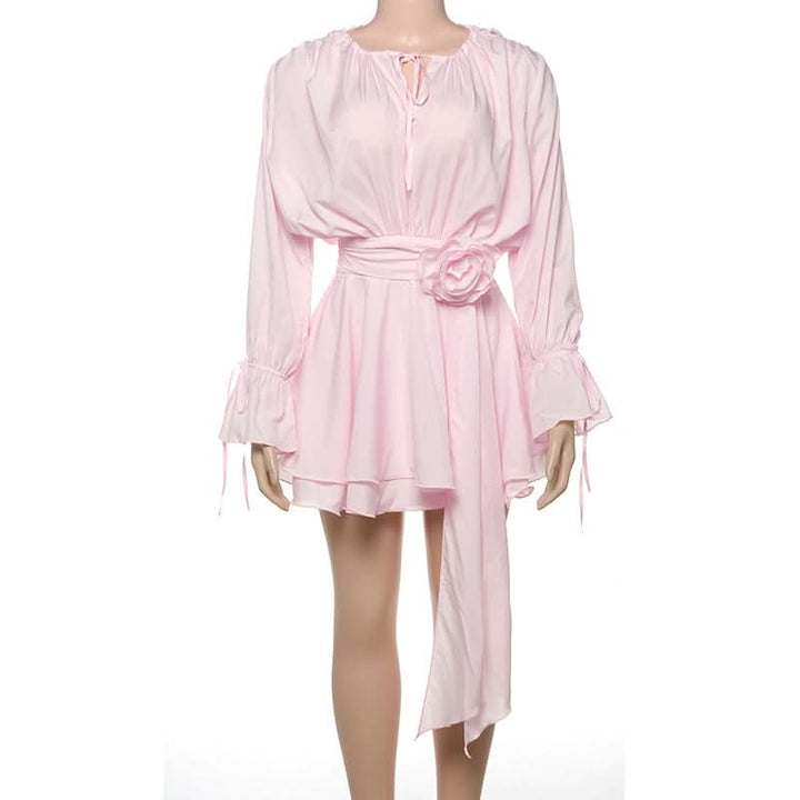 Long flared sleeve flower applique ruched ruffle mini dress  | Festival Outfits Women