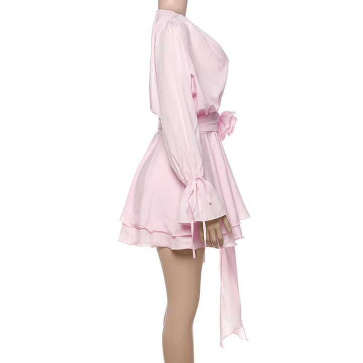 Long flared sleeve flower applique ruched ruffle mini dress  | Festival Outfits Women