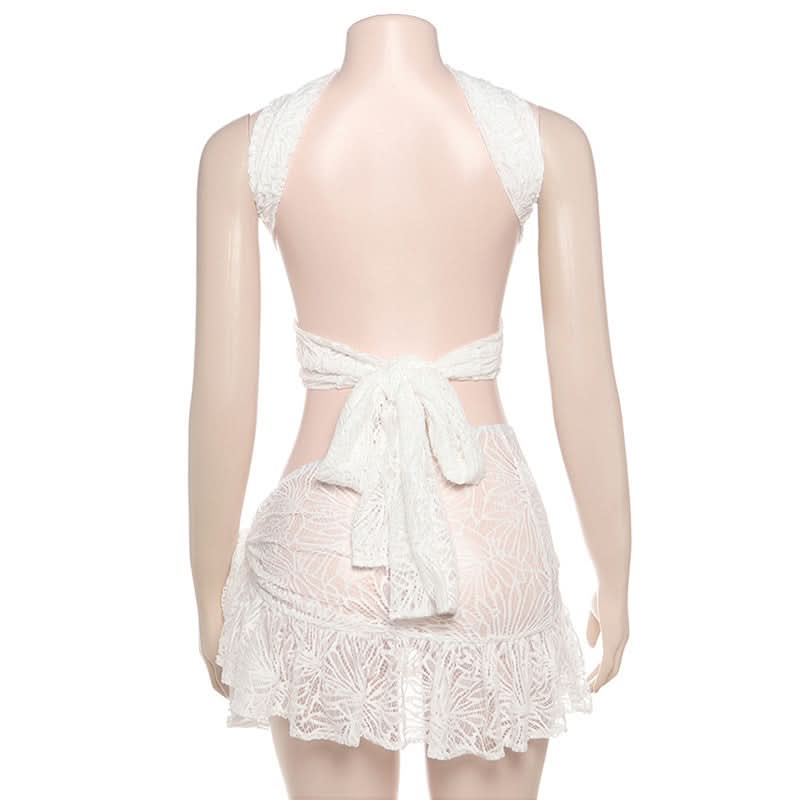 Cross front lace knotted mini skirt set  | Festival Outfits Women