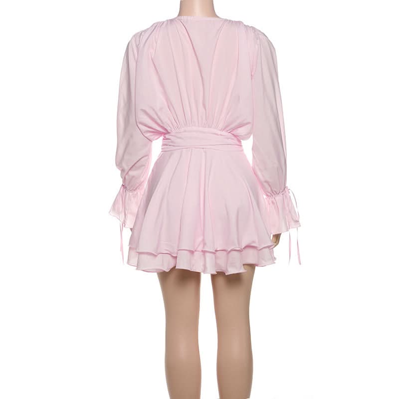 Long flared sleeve flower applique ruched ruffle mini dress  | Festival Outfits Women