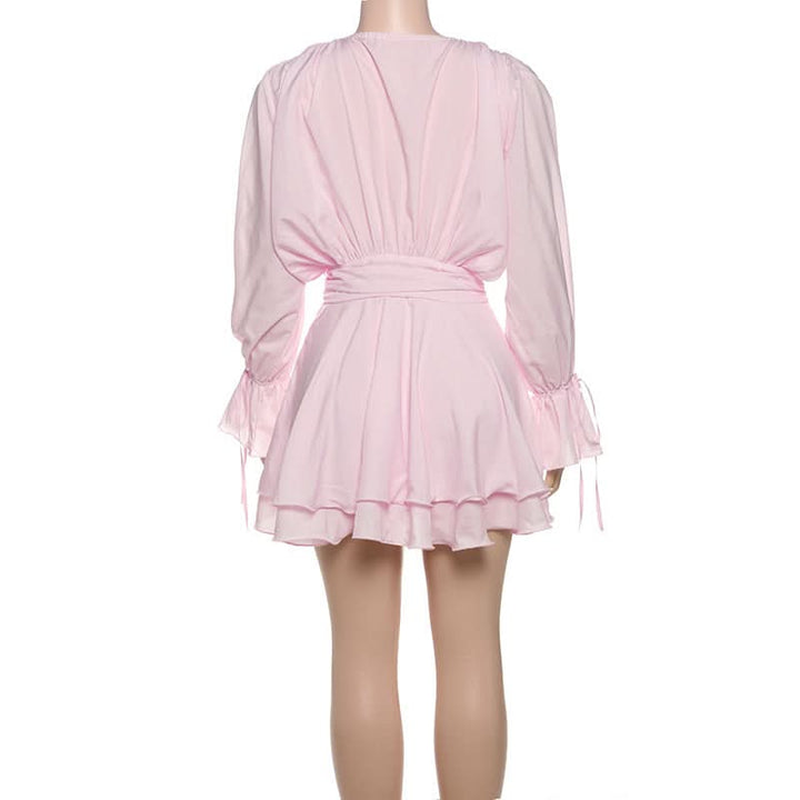 Long flared sleeve flower applique ruched ruffle mini dress  | Festival Outfits Women