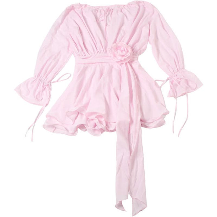 Long flared sleeve flower applique ruched ruffle mini dress  | Festival Outfits Women