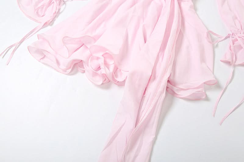 Long flared sleeve flower applique ruched ruffle mini dress  | Festival Outfits Women