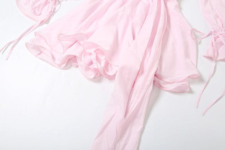 Long flared sleeve flower applique ruched ruffle mini dress  | Festival Outfits Women