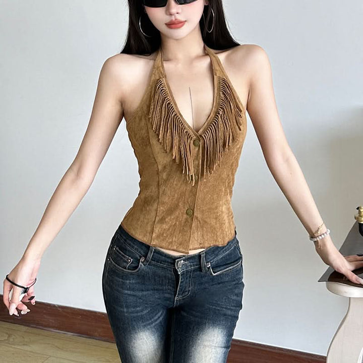 Halter tassels v neck button top  | Festival Outfits Women