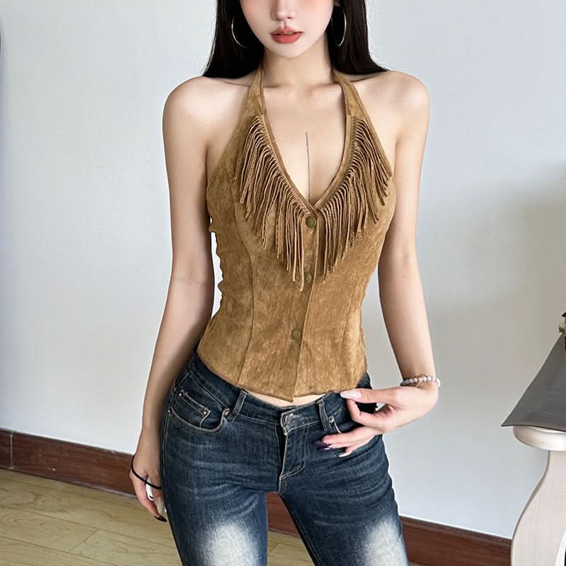 Halter tassels v neck button top  | Festival Outfits Women