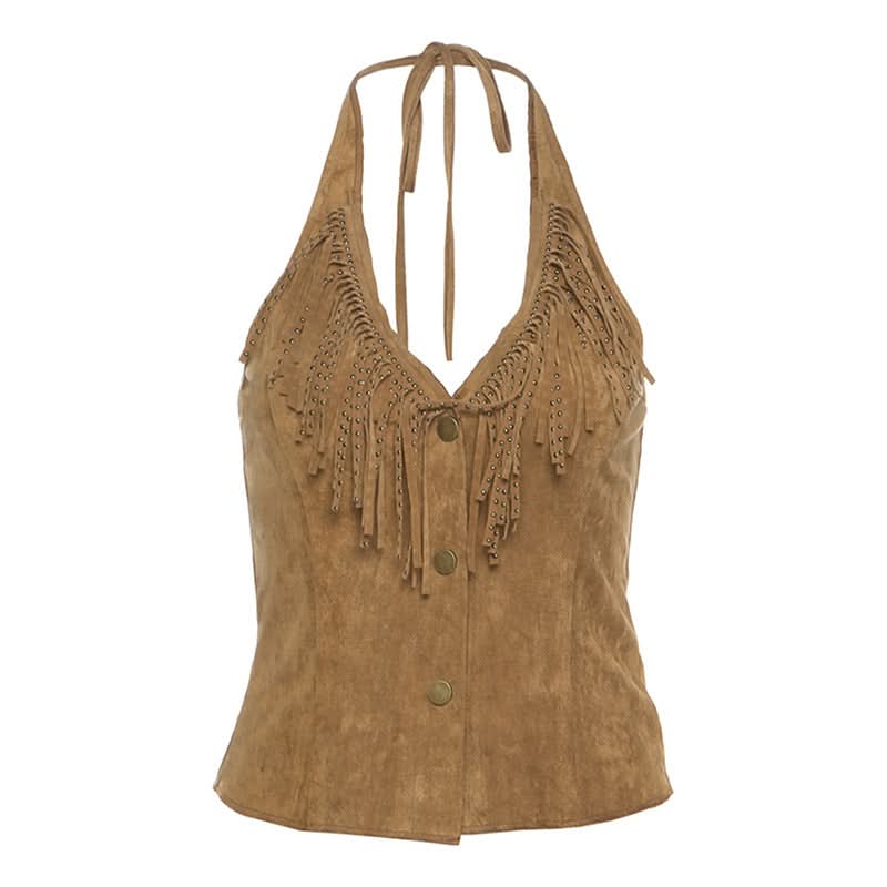 Halter tassels v neck button top  | Festival Outfits Women