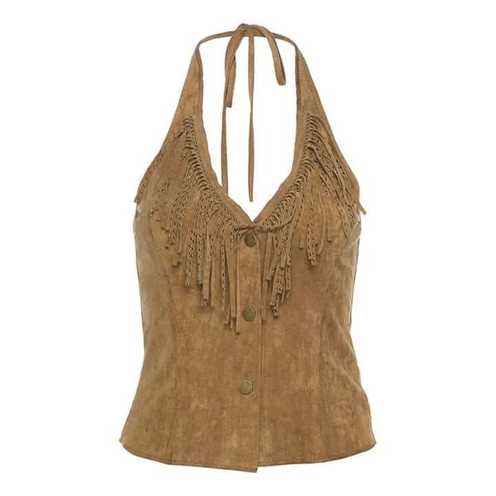 Halter tassels v neck button top  | Festival Outfits Women
