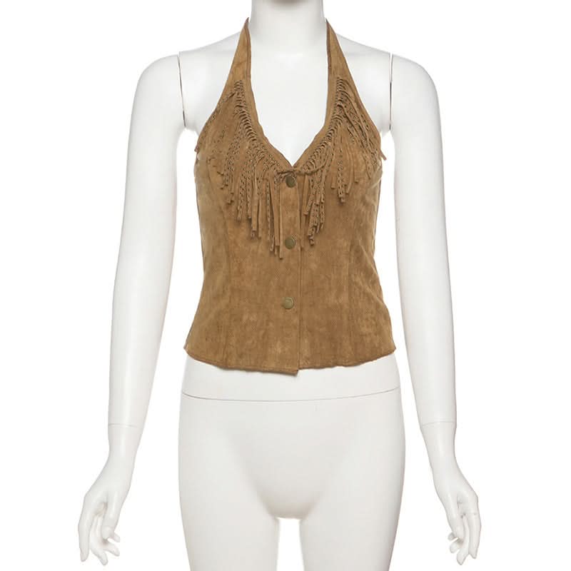 Halter tassels v neck button top  | Festival Outfits Women