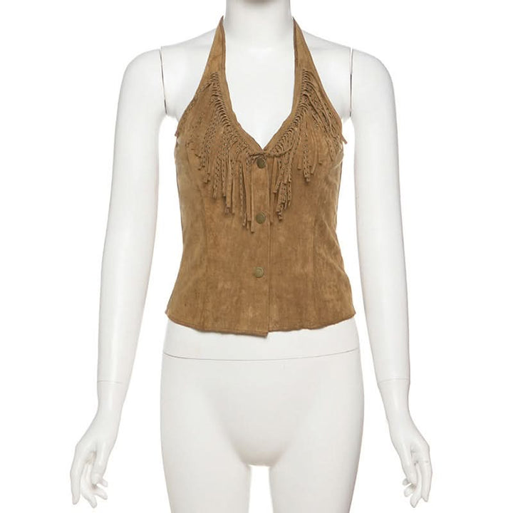 Halter tassels v neck button top  | Festival Outfits Women