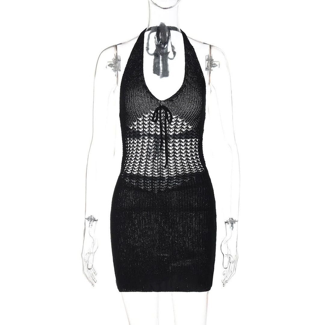 Halter hollow out self tie backless cut out mini dress  | Festival Outfits Women