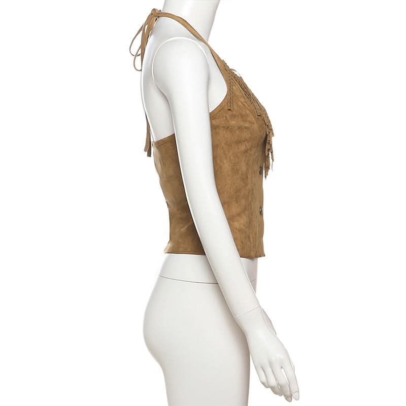 Halter tassels v neck button top  | Festival Outfits Women