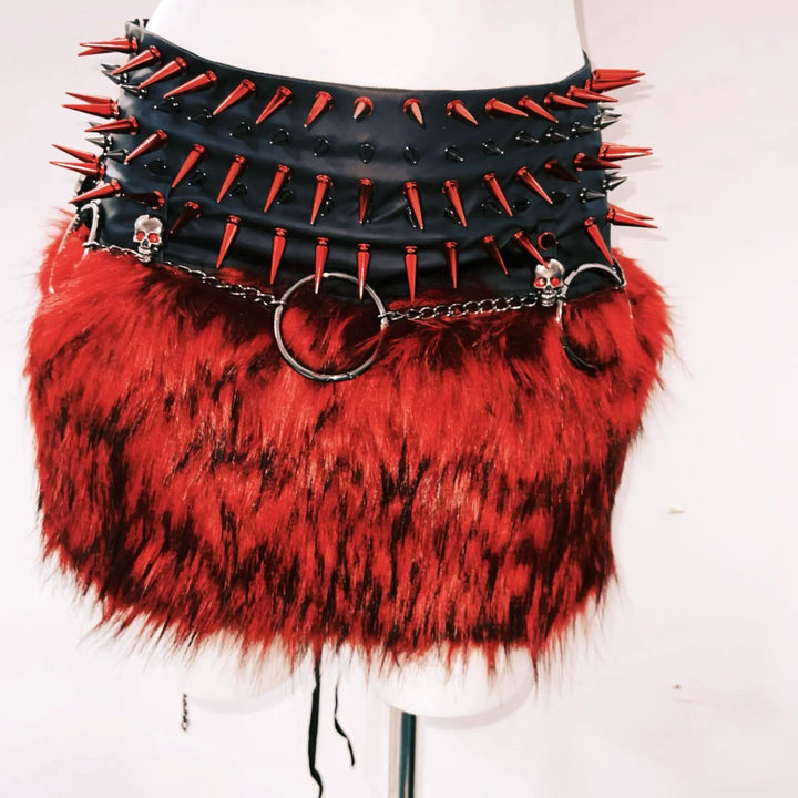 Halter o ring rivet fluffy PU leather top  | Festival Outfits Women