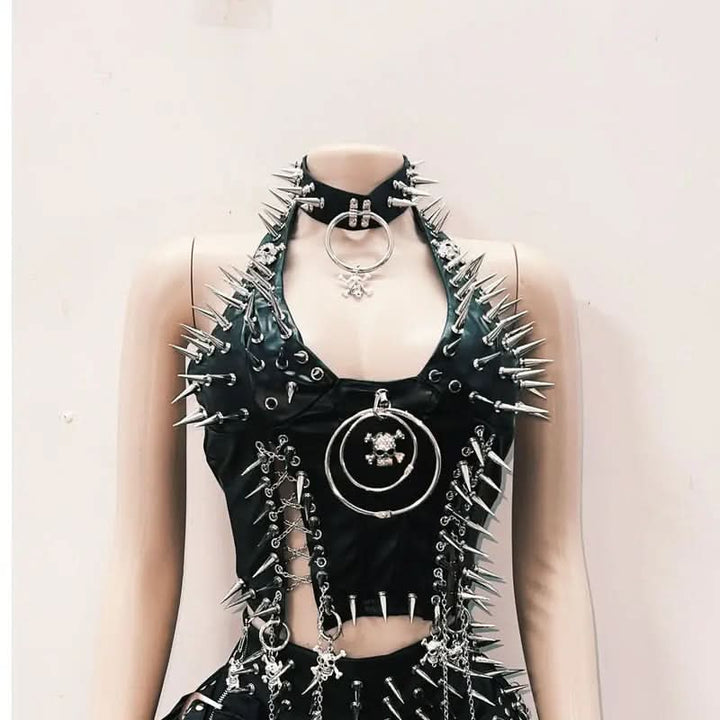 Rivet halter PU leather skull applique leg warmer top  | Festival Outfits Women
