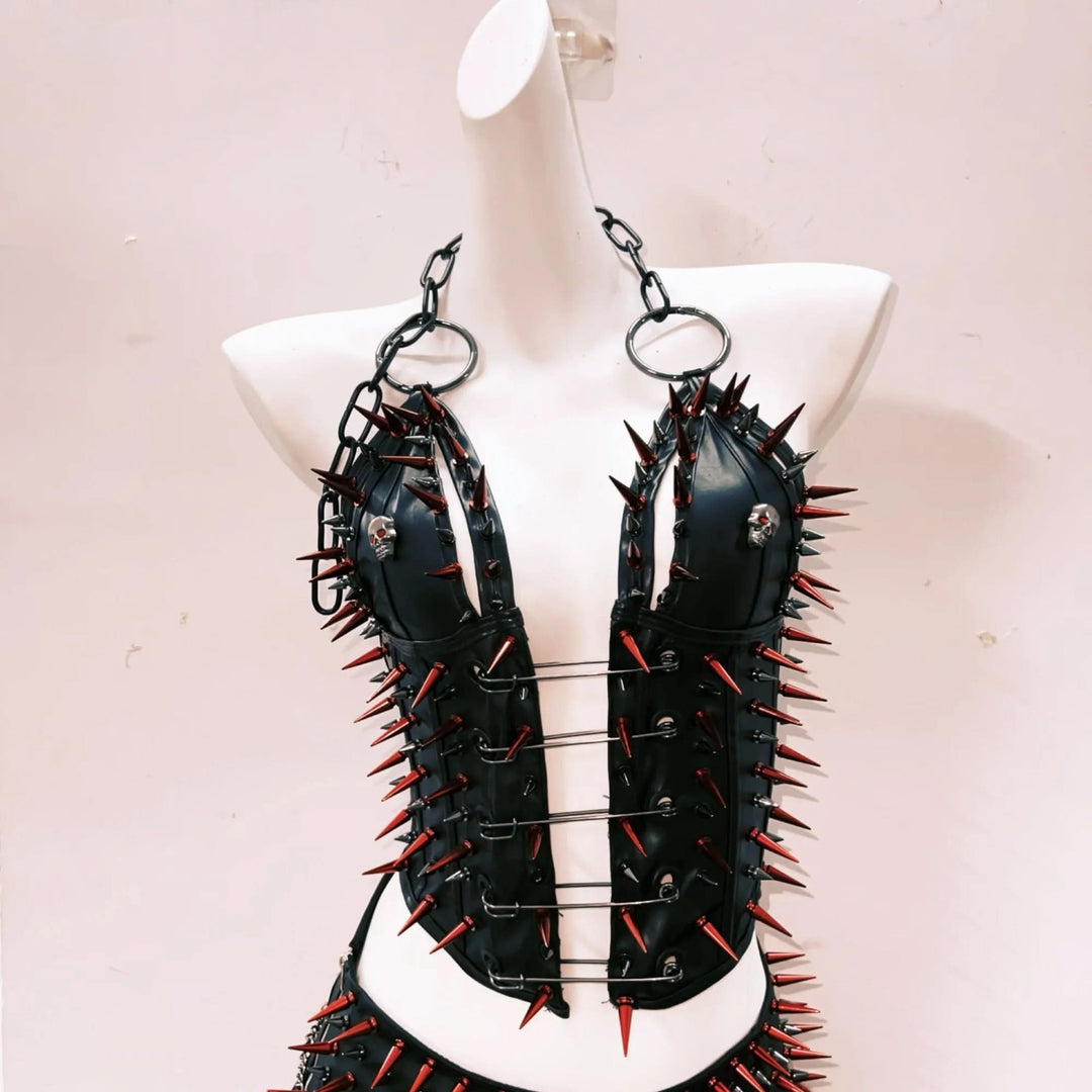 Halter o ring rivet fluffy PU leather top  | Festival Outfits Women