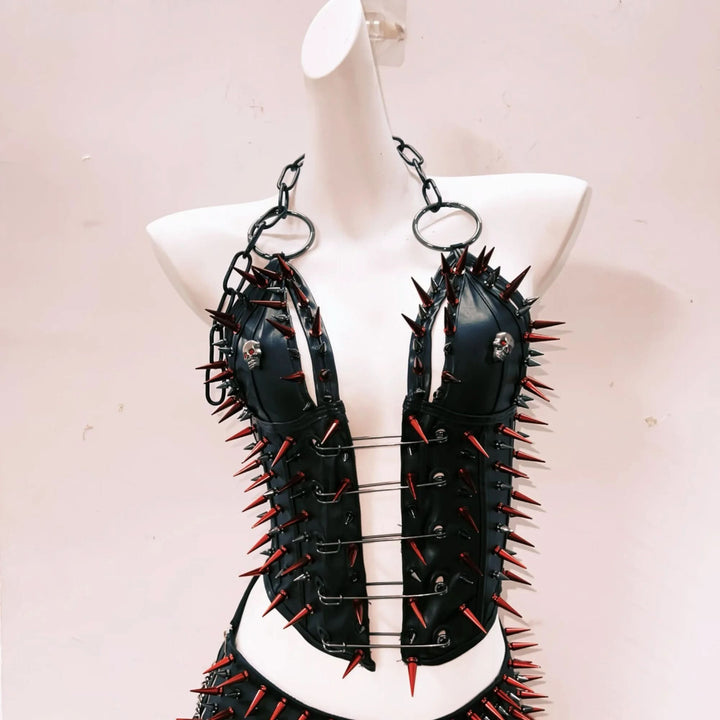 Halter o ring rivet fluffy PU leather top  | Festival Outfits Women