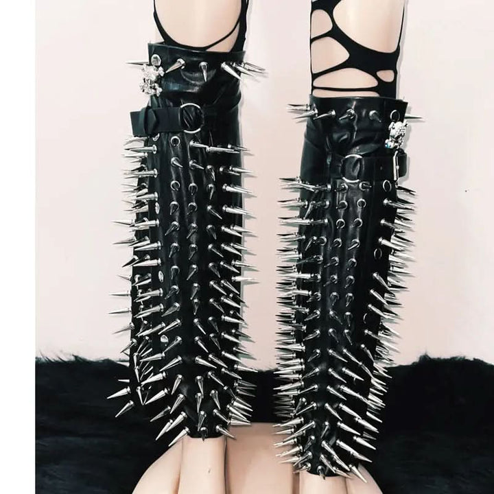 Rivet halter PU leather skull applique leg warmer top  | Festival Outfits Women