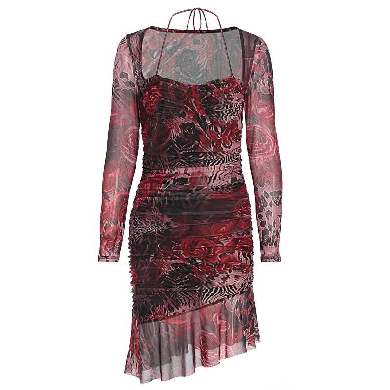 Long sleeve contrast mesh ruffle mini dress  | Festival Outfits Women