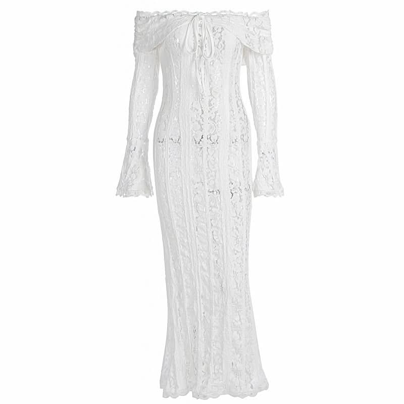 Long flared sleeve off shoulder lace self tie maxi dress  | Festival Outfits Women