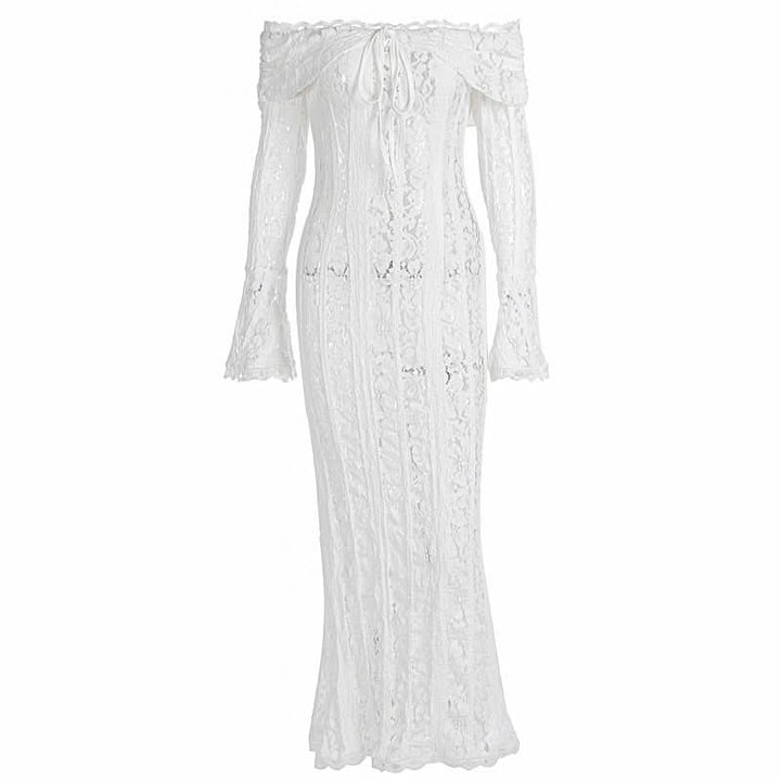 Long flared sleeve off shoulder lace self tie maxi dress  | Festival Outfits Women
