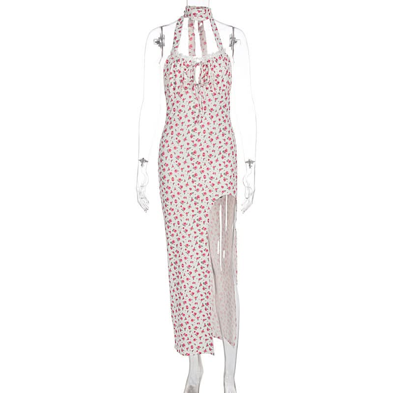 Halter flower print high slit maxi dress  | Festival Outfits Women