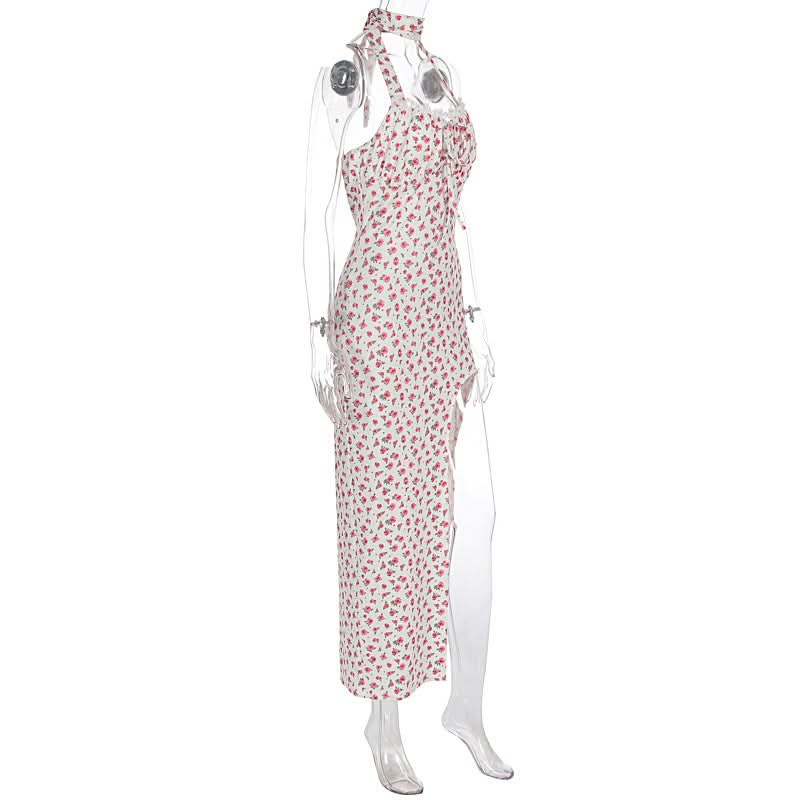 Halter flower print high slit maxi dress  | Festival Outfits Women