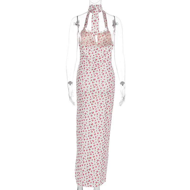 Halter flower print high slit maxi dress  | Festival Outfits Women