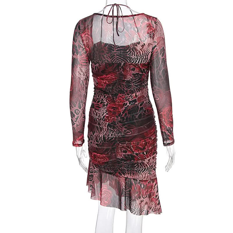 Long sleeve contrast mesh ruffle mini dress  | Festival Outfits Women